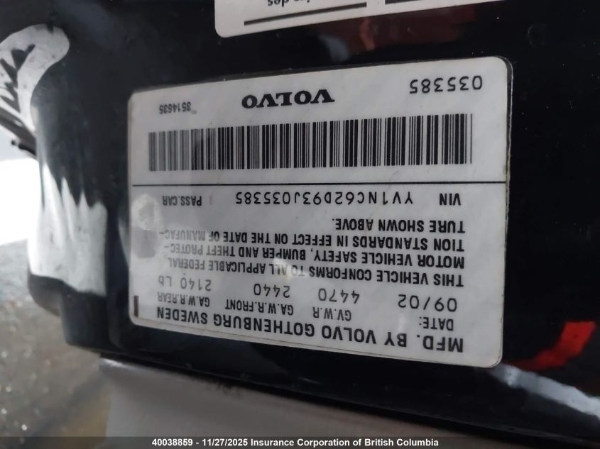 2003 Volvo C70 VIN: YV1NC62D93J035385 Lot: 40038859