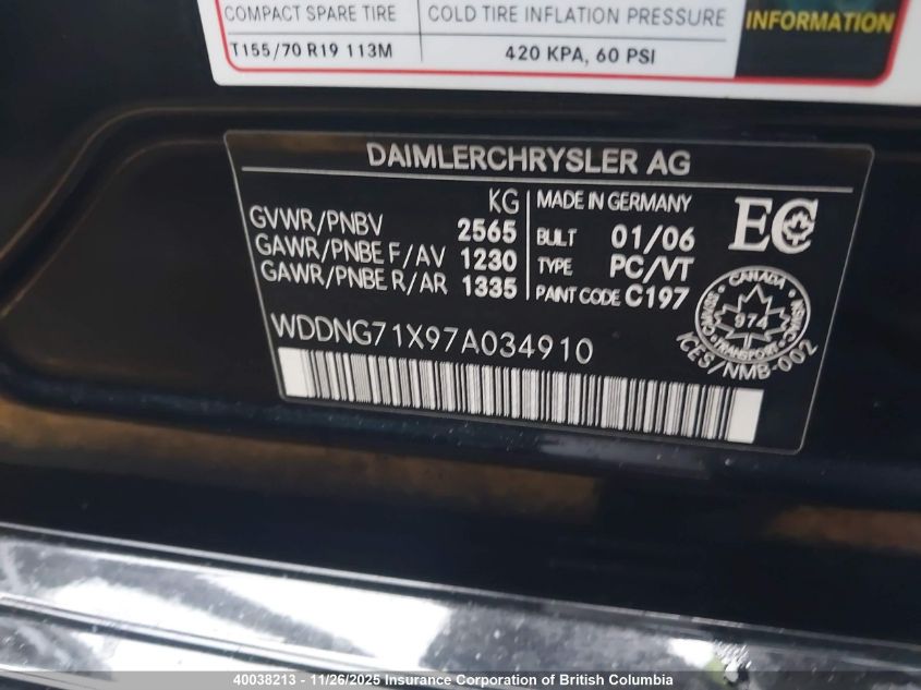 2007 Mercedes-Benz S 550 VIN: WDDNG71X97A034910 Lot: 40038213