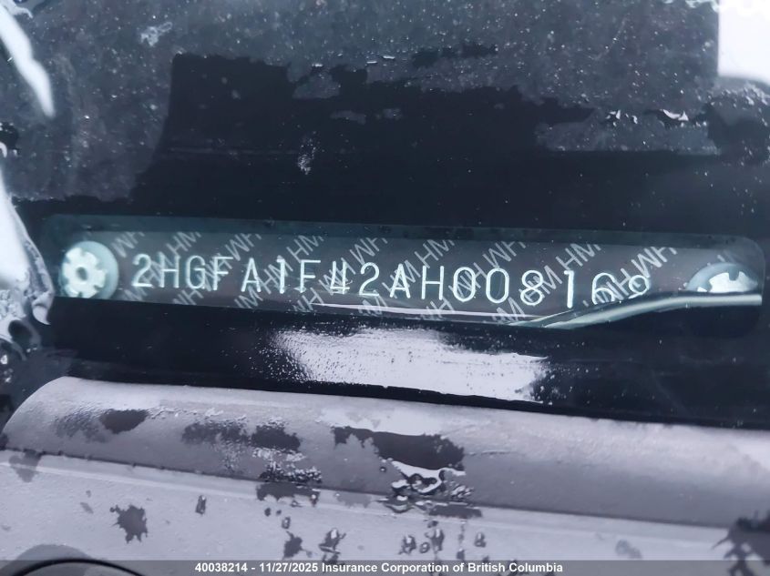 2010 Honda Civic Dx-G VIN: 2HGFA1F42AH008168 Lot: 40038214