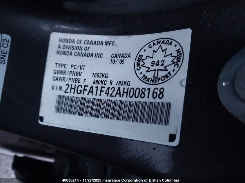 2010 Honda Civic Dx-G VIN: 2HGFA1F42AH008168 Lot: 40038214