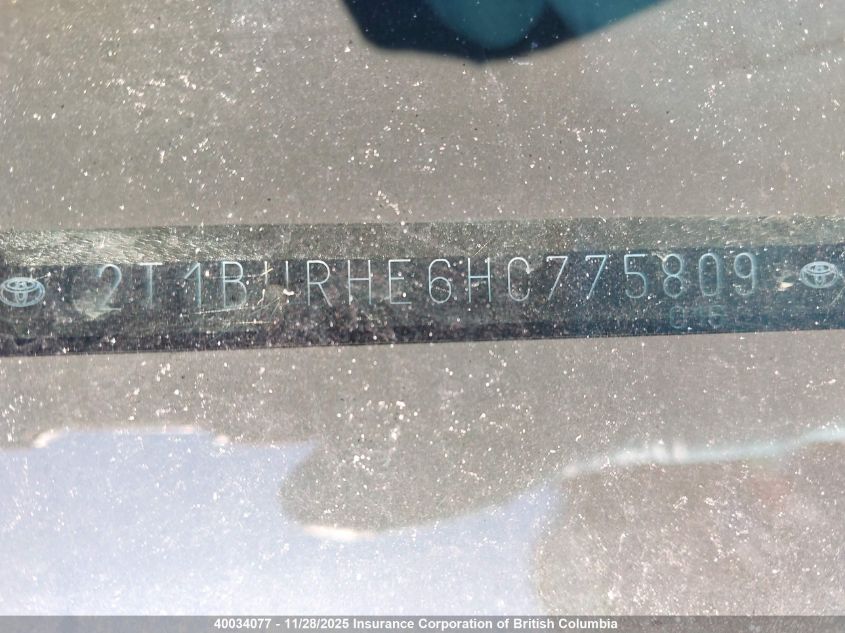 2017 Toyota Corolla L/Le/Xle/Se/Xse VIN: 2T1BURHE6HC775809 Lot: 40034077