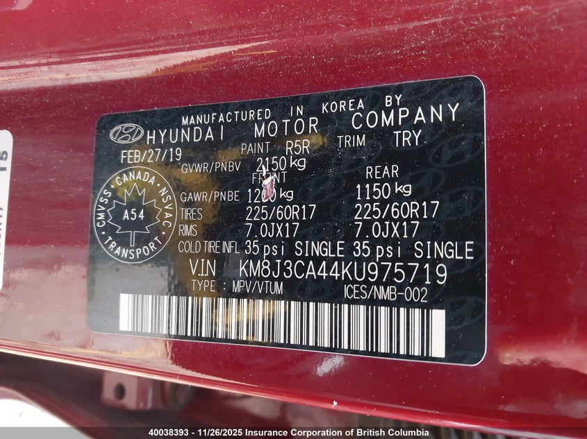 KM8J3CA44KU975719 2019 HYUNDAI TUCSON photo no. 9