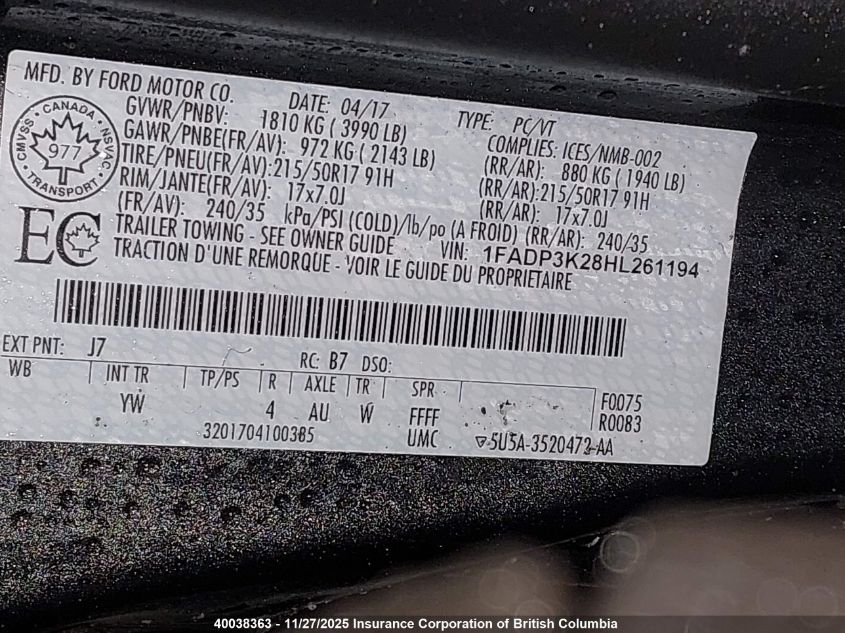 2017 Ford Focus Se VIN: 1FADP3K28HL261194 Lot: 40038363