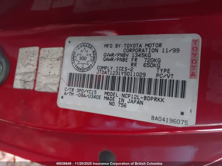 JTDAT1231Y5011029 2000 TOYOTA ECHO photo no. 9
