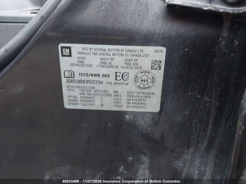 2015 GMC Terrain Sle VIN: 2GKFLWEK7F6377704 Lot: 40033456