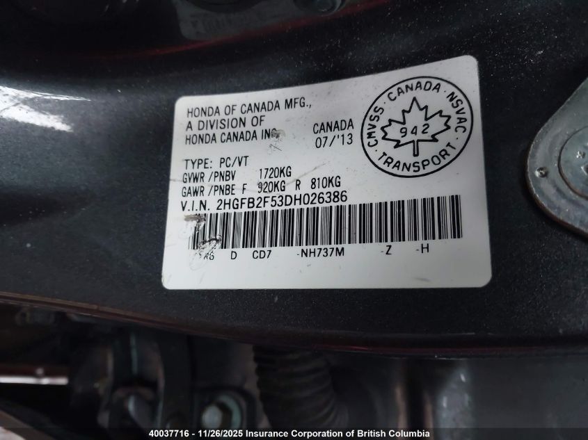 2013 Honda Civic Lx VIN: 2HGFB2F53DH026386 Lot: 40037716