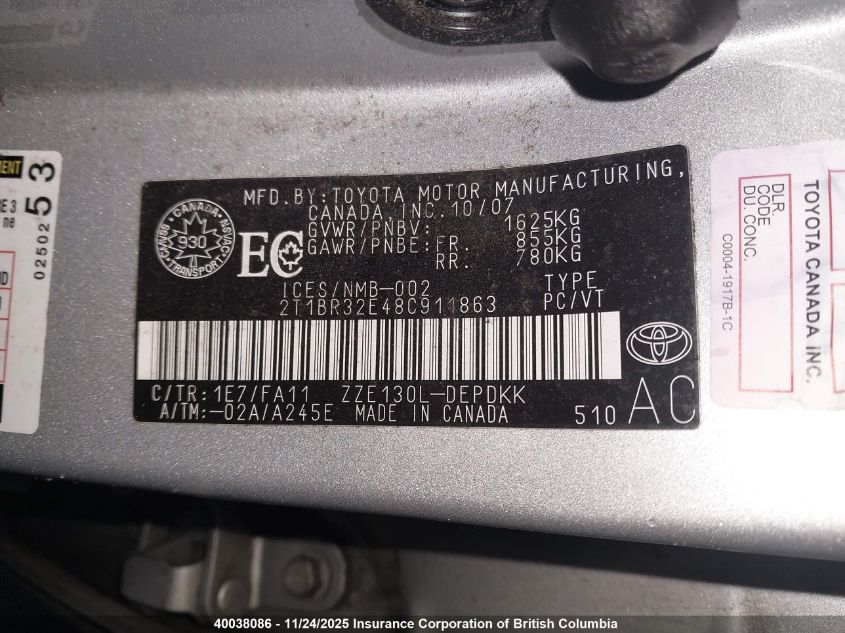 2008 Toyota Corolla Ce/Le/S VIN: 2T1BR32E48C911863 Lot: 40038086