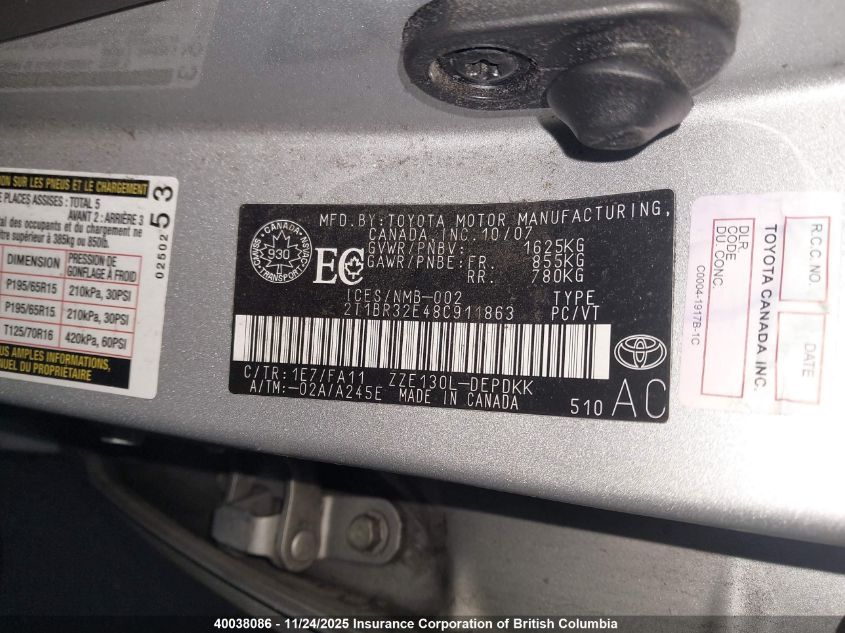 2008 Toyota Corolla Ce/Le/S VIN: 2T1BR32E48C911863 Lot: 40038086