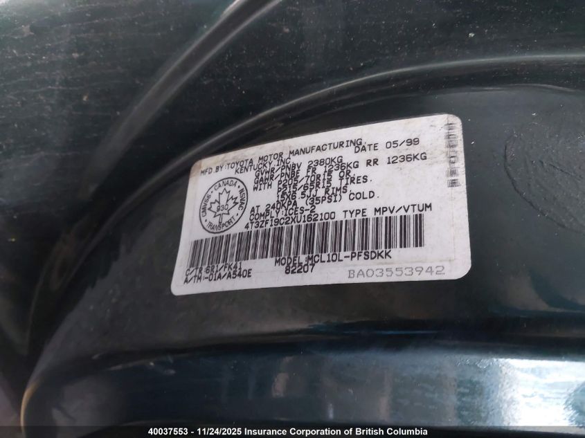 1999 Toyota Sienna Ce VIN: 4T3ZF19C2XU162100 Lot: 40037553