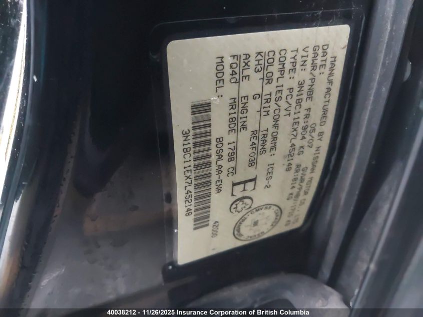 2007 Nissan Versa S/Sl VIN: 3N1BC11EX7L452148 Lot: 40038212