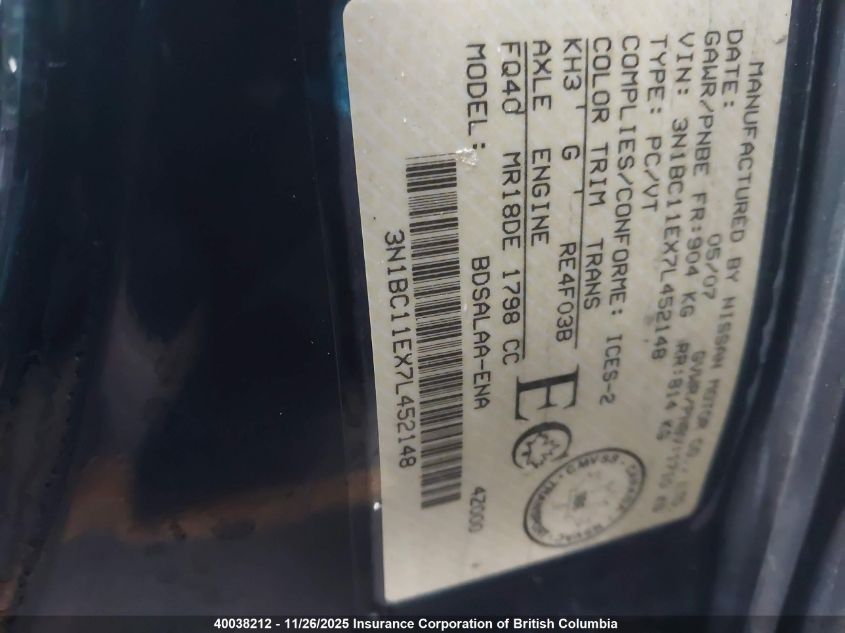 2007 Nissan Versa S/Sl VIN: 3N1BC11EX7L452148 Lot: 40038212