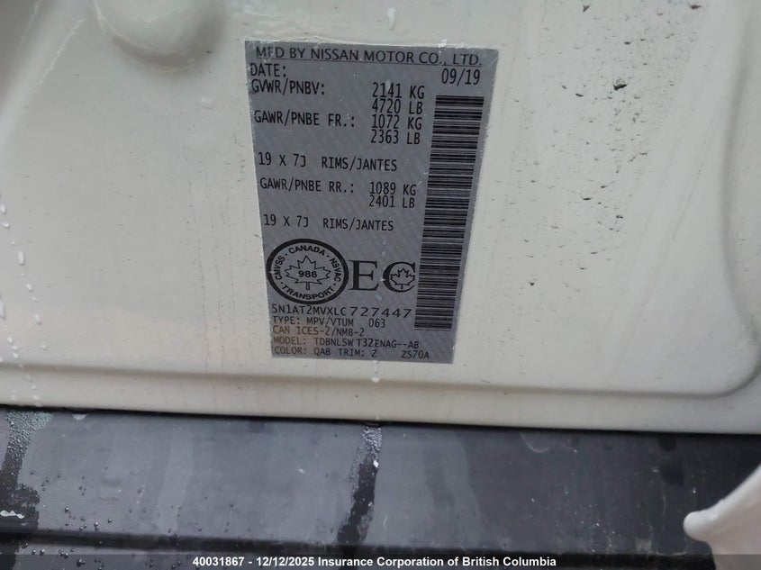 5N1AT2MVXLC727447 2020 NISSAN ROGUE photo no. 9