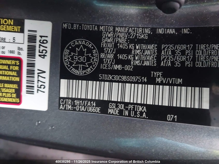 5TDZK3DC9BS097514 2011 TOYOTA SIENNA photo no. 9