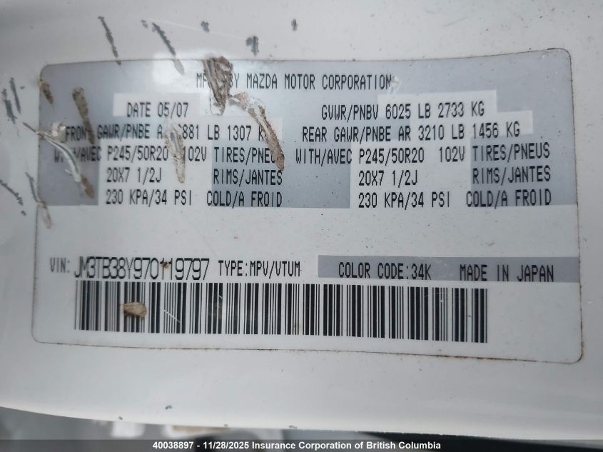 2007 Mazda Cx-9 VIN: JM3TB38Y970119797 Lot: 40038897
