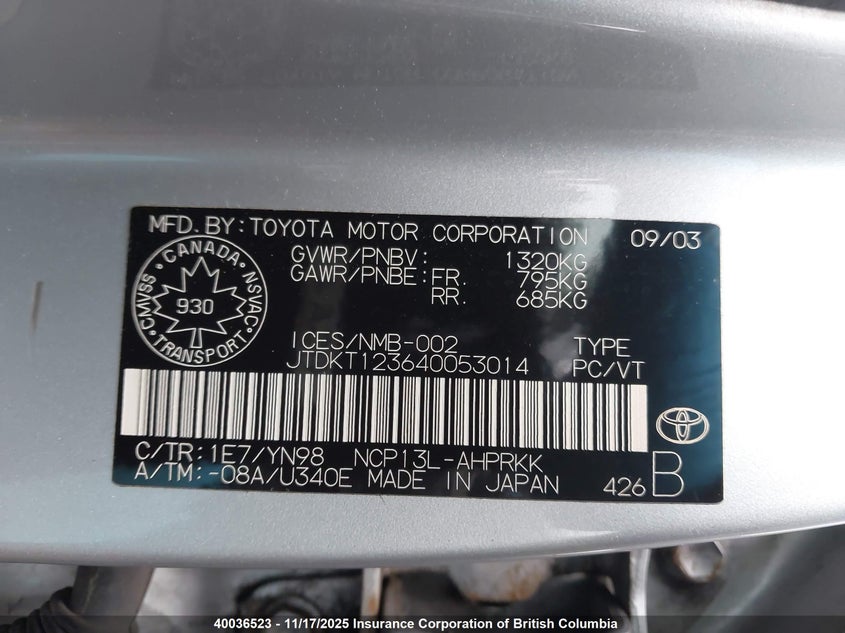 JTDKT123640053014 2004 TOYOTA ECHO photo no. 9