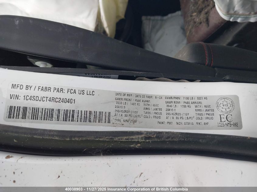 2024 Dodge Durango R/T VIN: 1C4SDJCT4RC240401 Lot: 40038903