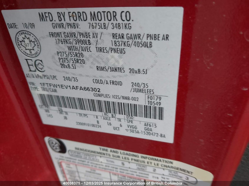 1FTFW1EV1AFA66302 2010 FORD F-150 photo no. 9