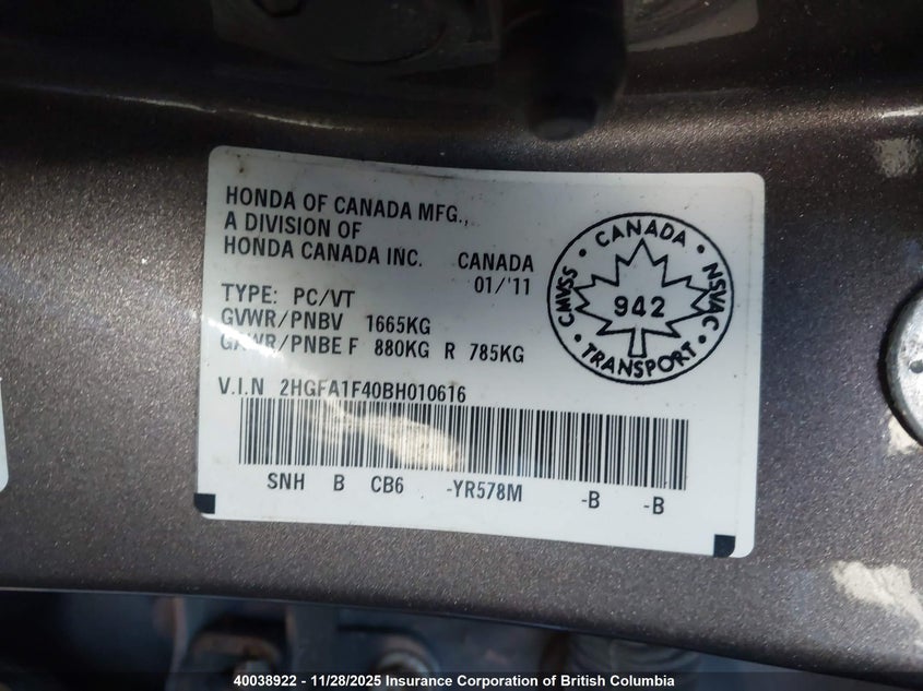 2011 Honda Civic VIN: 2HGFA1F40BH010616 Lot: 40038922