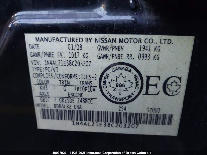 2008 Nissan Altima 2.5/2.5S VIN: 1N4AL21E38C203207 Lot: 40038926