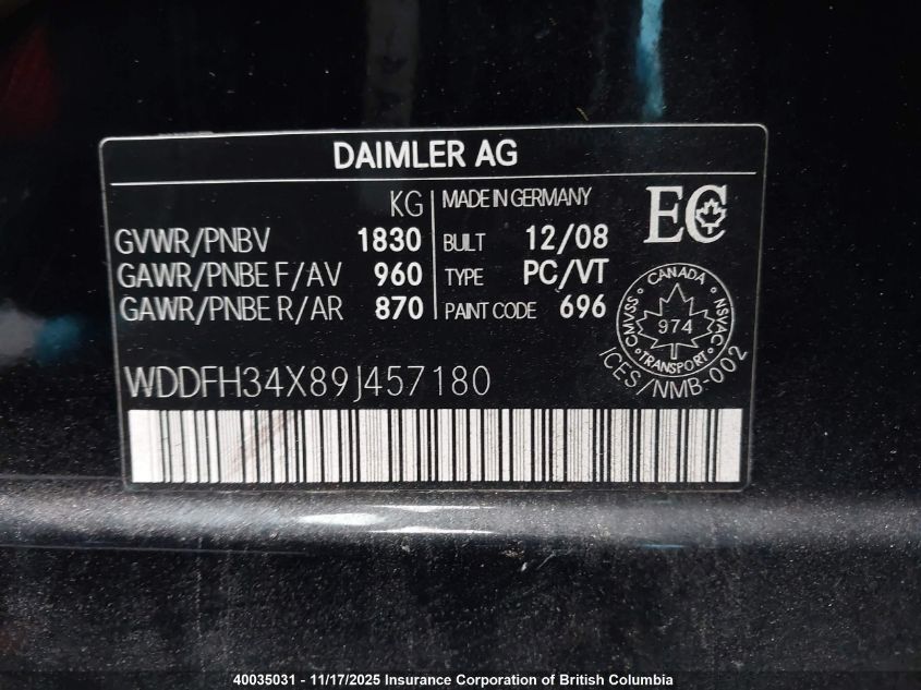 2009 Mercedes-Benz B 200 Turbo VIN: WDDFH34X89J457180 Lot: 40035031