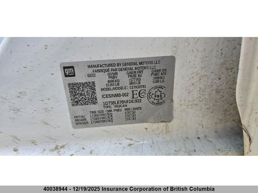 2022 GMC Sierra K2500 Heavy Duty VIN: 1GT59LE70NF241922 Lot: 40038944