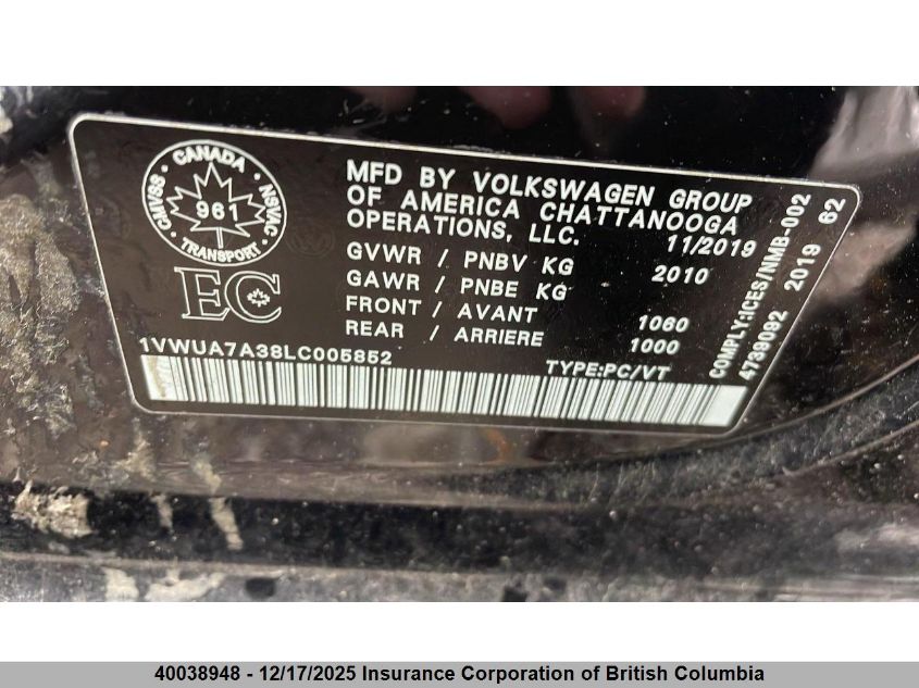 2020 Volkswagen Passat Highline VIN: 1VWUA7A38LC005852 Lot: 40038948