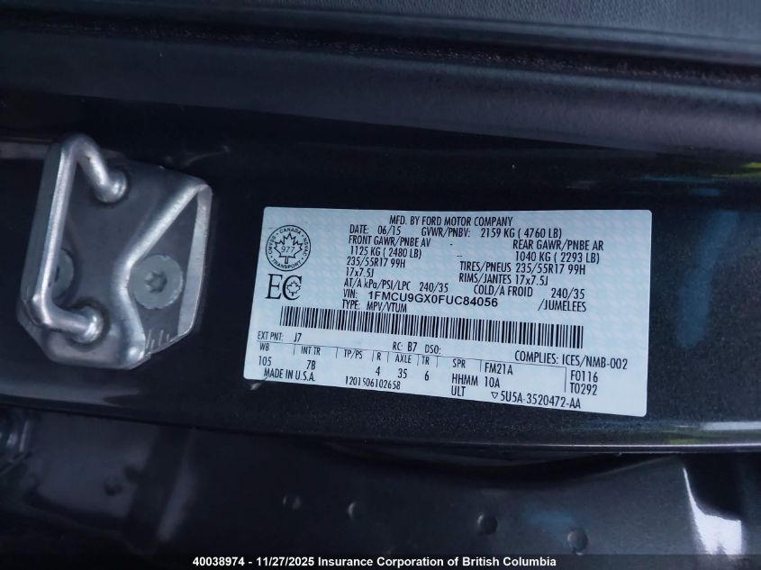 2015 Ford Escape Se VIN: 1FMCU9GX0FUC84056 Lot: 40038974