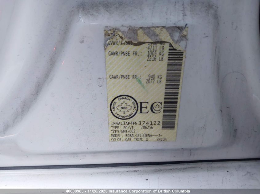 2015 Nissan Altima 2.5/S/Sv/Sl VIN: 1N4AL3AP4FN374122 Lot: 40038983