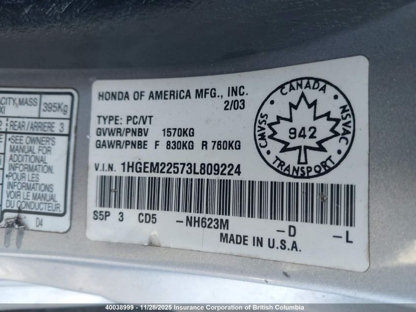 2003 Honda Civic VIN: 1HGEM22573L809224 Lot: 40038999