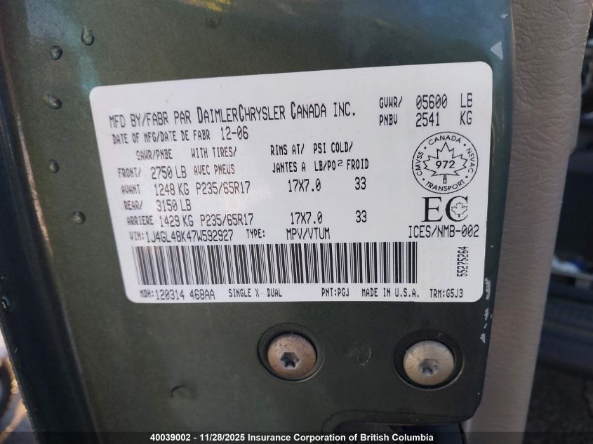 2007 Jeep Liberty Sport VIN: 1J4GL48K47W592927 Lot: 40039002