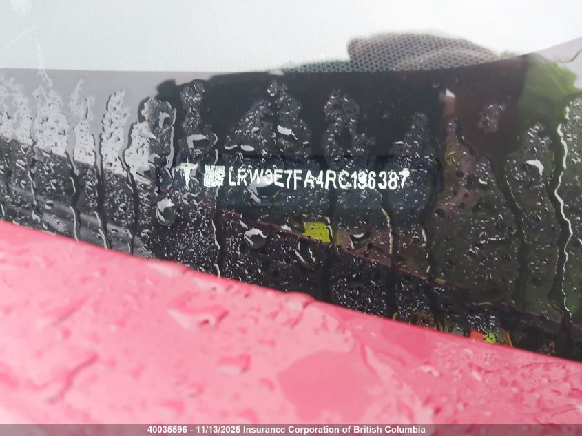 2024 Tesla Model 3 VIN: LRW3E7FA4RC136387 Lot: 40035596