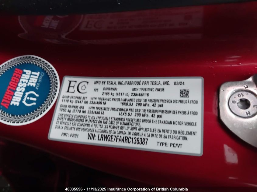 2024 Tesla Model 3 VIN: LRW3E7FA4RC136387 Lot: 40035596