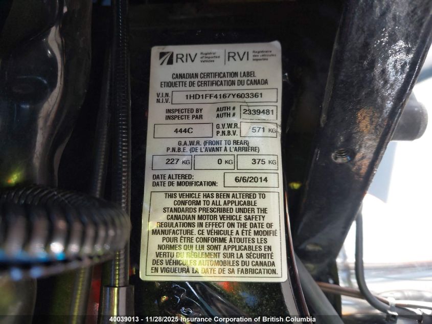 2007 Harley-Davidson Flht Classic VIN: 1HD1FF4167Y603361 Lot: 40039013