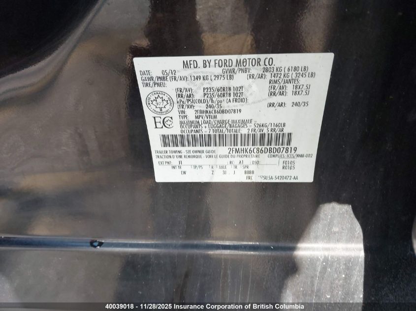 2013 Ford Flex VIN: 2FMHK6C86DBD07819 Lot: 40039018