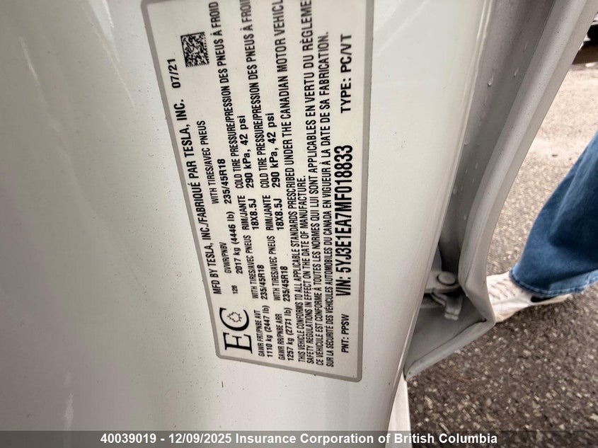 5YJ3E1EA7MF018833 2021 TESLA MODEL 3 photo no. 11