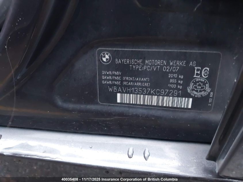 2007 BMW 323 I VIN: WBAVH13537KC97291 Lot: 40035408