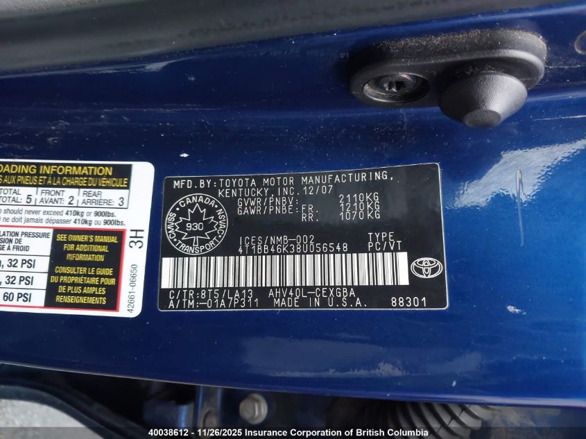 2008 Toyota Camry Hybrid VIN: 4T1BB46K38U056548 Lot: 40038612