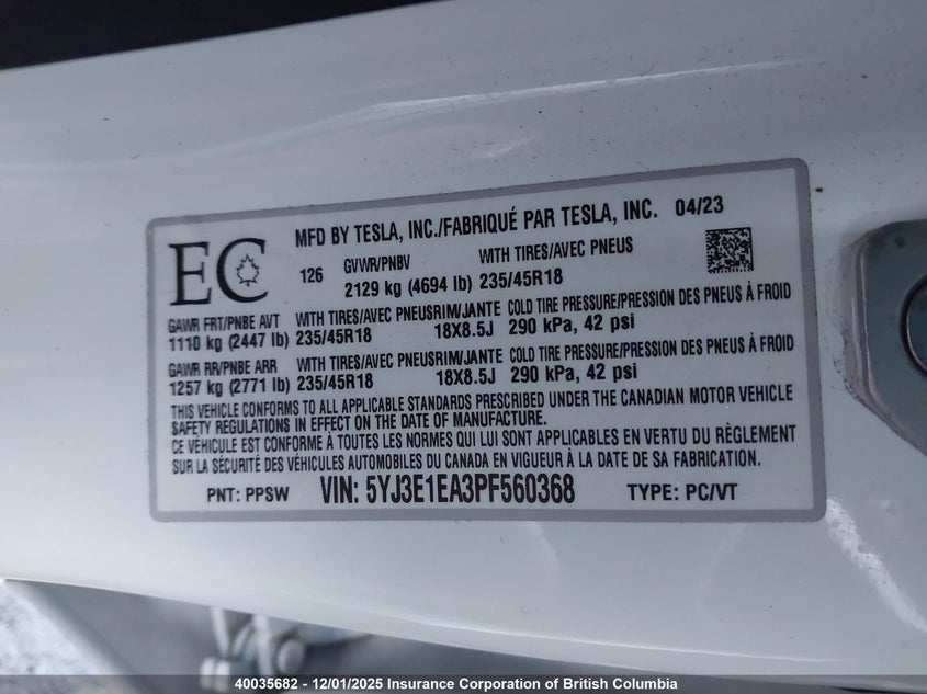 5YJ3E1EA3PF560368 2023 TESLA MODEL 3 photo no. 9
