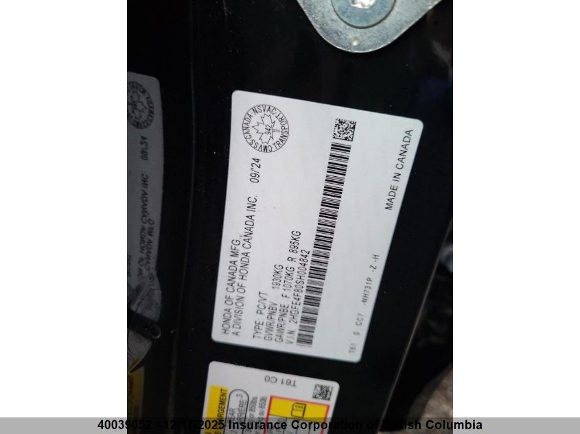 2025 Honda Civic VIN: 2HGFE4F80SH004842 Lot: 40039052