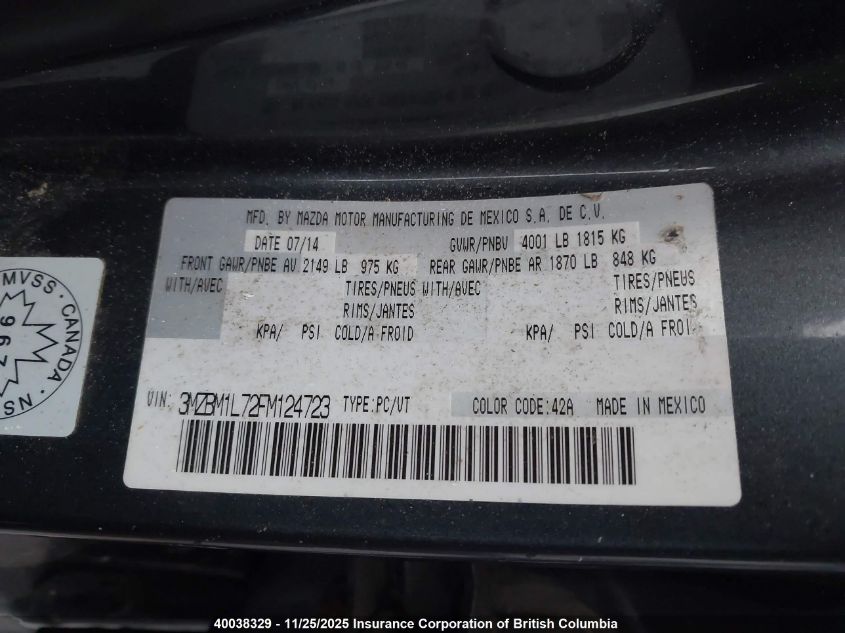 2015 Mazda 3 Touring VIN: 3MZBM1L72FM124723 Lot: 40038329