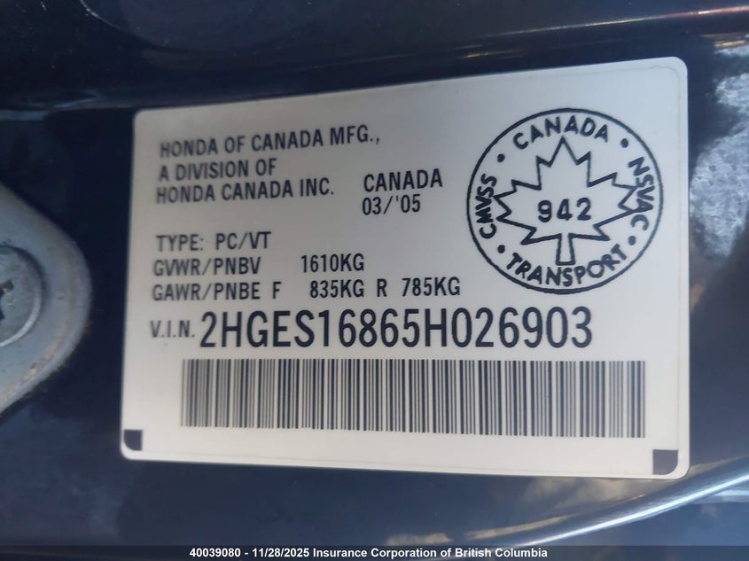 2005 Honda Civic VIN: 2HGES16865H026903 Lot: 40039080