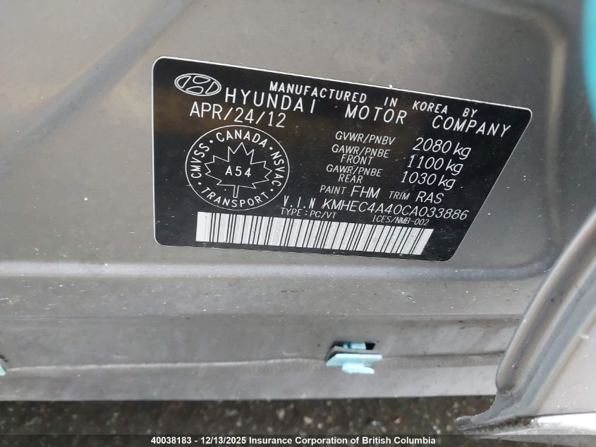 2012 Hyundai Sonata Hybrid Hybrid VIN: KMHEC4A40CA033886 Lot: 40038183