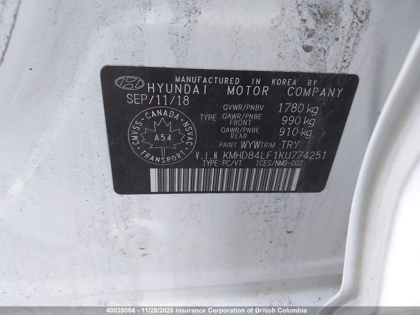 2019 Hyundai Elantra Sel/Value/Limited VIN: KMHD84LF1KU774251 Lot: 40039084