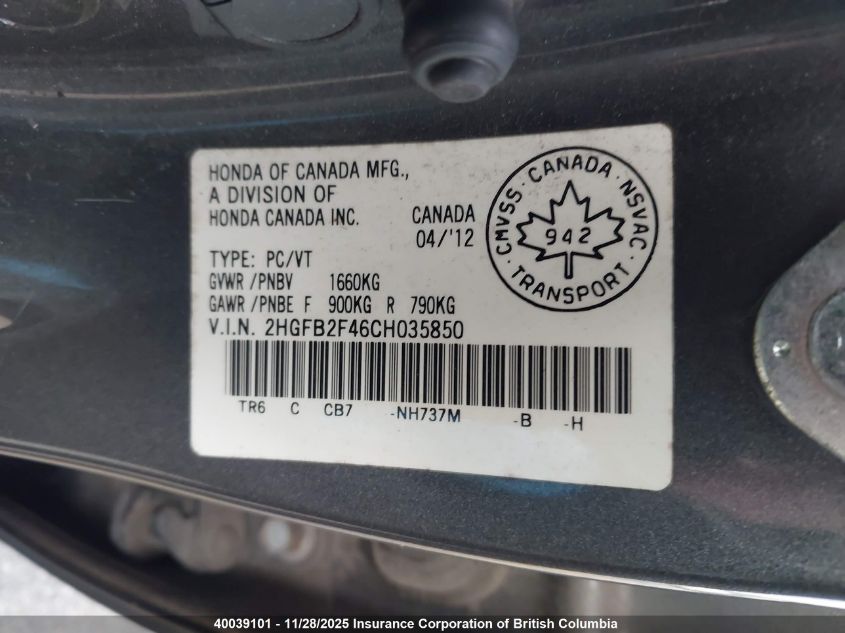 2012 Honda Civic VIN: 2HGFB2F46CH035850 Lot: 40039101
