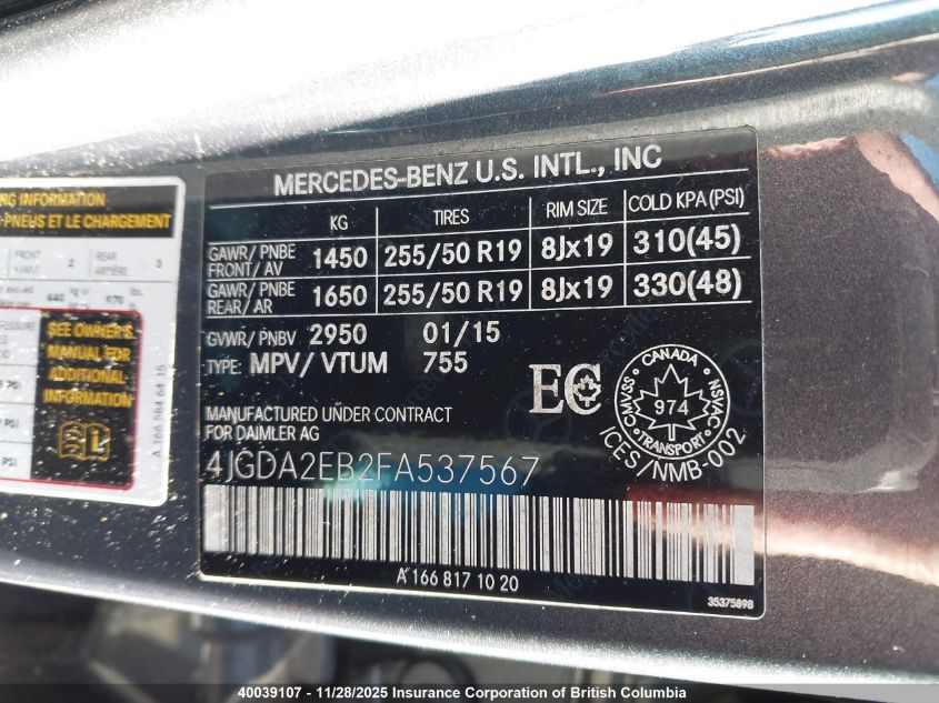 2015 Mercedes-Benz Ml 350 Bluetec VIN: 4JGDA2EB2FA537567 Lot: 40039107