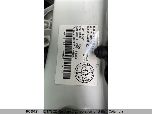 2019 Honda Civic VIN: 2HGFC2F51KH010231 Lot: 40039121