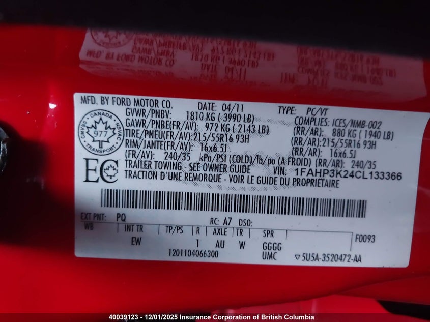 1FAHP3K24CL133366 2012 FORD FOCUS photo no. 9