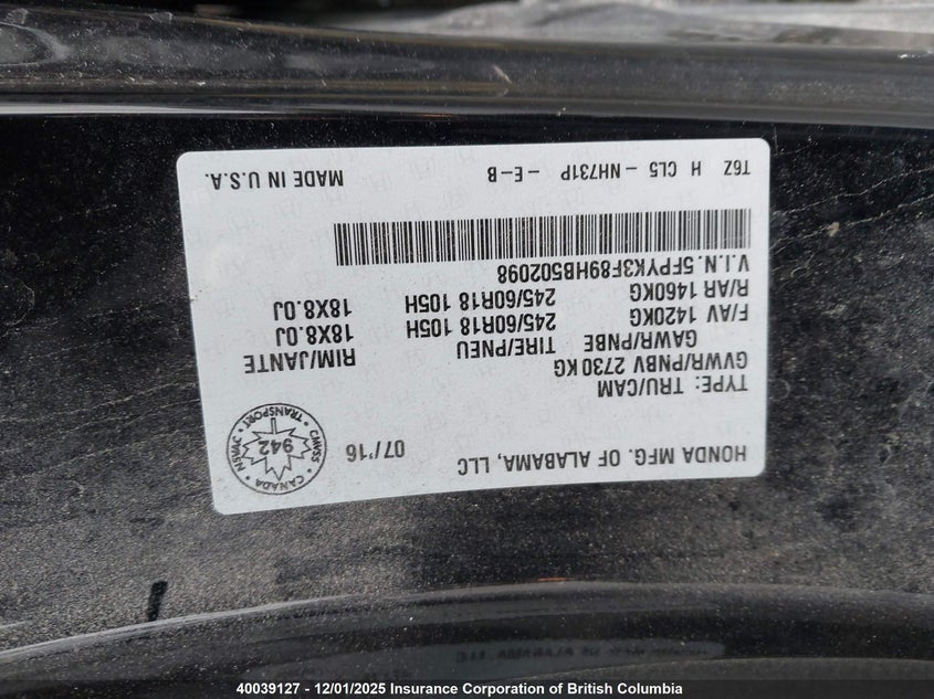 5FPYK3F89HB502098 2017 HONDA RIDGELINE photo no. 9