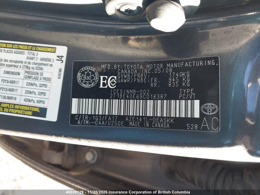 2009 Toyota Corolla Xrs VIN: 2T1BE40E69C018387 Lot: 40039129