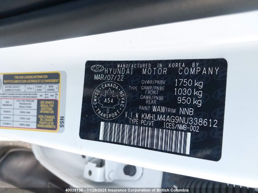 2022 Hyundai Elantra Sel VIN: KMHLM4AG9NU338612 Lot: 40039136